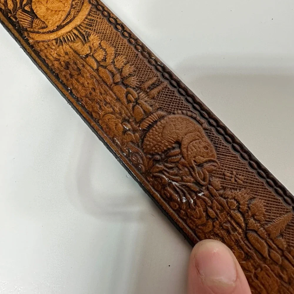 Vintage‎ Tooled Leather Wildlife Fishing Bass Scene Belt Cowboy Western Size 42?